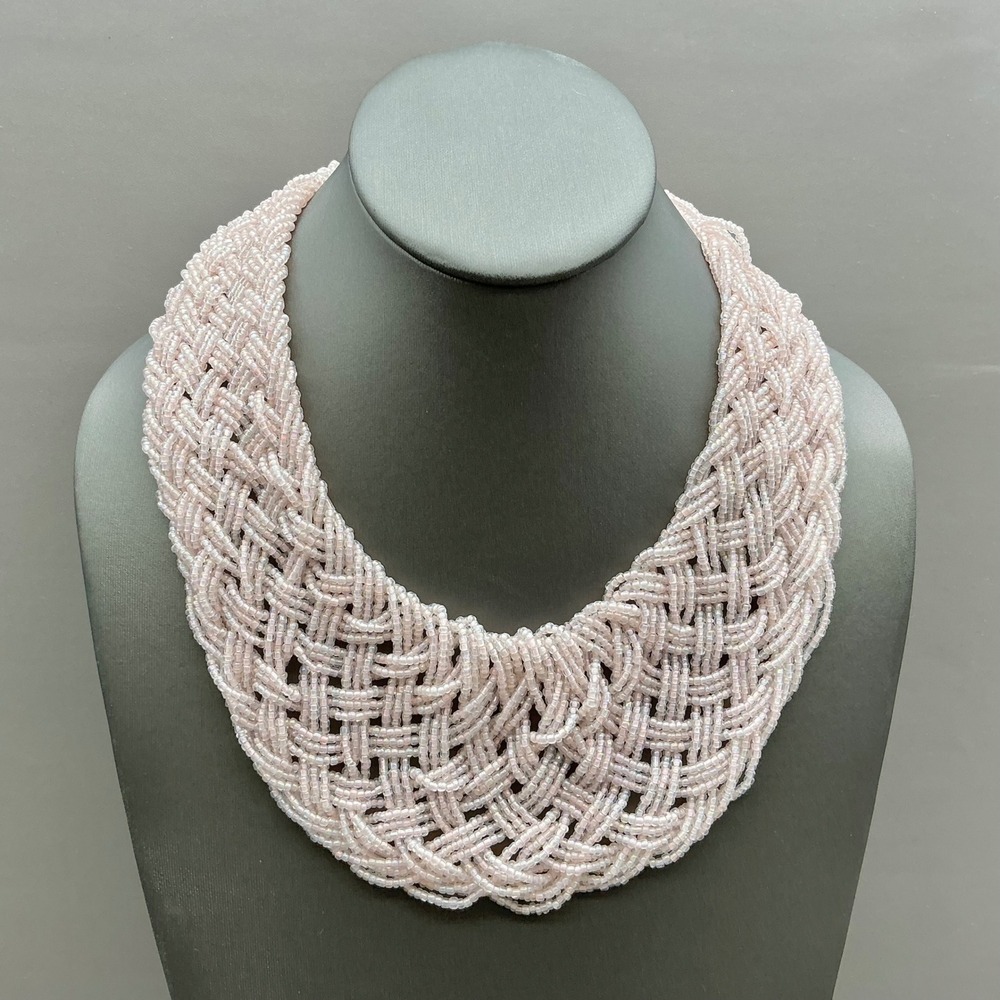 Beaded Woven Bib Statement Necklace Women Pink Iridescent Multi Strand Jewelry